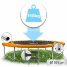 Kerti trambulin, Neo-Sport, fekete/narancssárga, átmérő: 374 cm, kerek, magasság: 70 cm, 180 cm belső védőháló, létra, acél váz, 4 dupla láb, 150 kg teherbírás, 64 db rugó, íves oszlopok