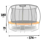 Kerti trambulin, Neo-Sport, fekete/narancssárga, átmérő: 374 cm, kerek, magasság: 70 cm, 180 cm belső védőháló, létra, acél váz, 4 dupla láb, 150 kg teherbírás, 64 db rugó, íves oszlopok