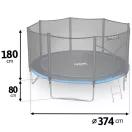 Kerti trambulin, Neo-Sport, fekete/kék, átmérő: 374 cm, kerek, magasság: 80 cm, 180 cm külső védőháló, létra, acél váz, 4 dupla láb, 150 kg teherbírás, 64 db rugó, fekete oszlopok (csomagolási sérült)