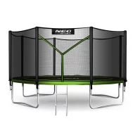   Kerti trambulin, Neo-Sport, fekete/zöld, átmérő: 374 cm, kerek, magasság: 80 cm, 180 cm külső védőháló, létra, acél váz, 4 dupla láb, 150 kg teherbírás, 64 db rugó