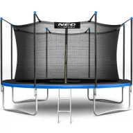   Kerti trambulin, Neo-Sport, fekete/kék, átmérő: 404 cm, kerek, magasság: 70 cm, 180 cm belső védőháló, létra, acél váz, 4 dupla láb, 150 kg teherbírás, 72 db rugó, fekete oszlopok