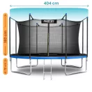 Kerti trambulin, Neo-Sport, fekete/kék, átmérő: 404 cm, kerek, magasság: 70 cm, 180 cm belső védőháló, létra, acél váz, 4 dupla láb, 150 kg teherbírás, 72 db rugó, fekete oszlopok