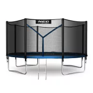   Kerti trambulin, Neo-Sport, fekete/kék, átmérő: 404 cm, kerek, magasság: 80 cm, 180 cm külső védőháló, létra, acél váz, 4 dupla láb, 150 kg teherbírás, 72 db rugó, fekete oszlopok