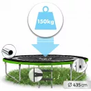 Kerti trambulin, Neo-Sport, fekete/zöld, átmérő: 435 cm, kerek, magasság: 80 cm, 180 cm belső védőháló, létra, acél váz, 4 dupla láb, 150 kg teherbírás, 80 db rugó, íves fekete oszlopok