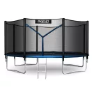 Kerti trambulin, Neo-Sport, fekete/kék, átmérő: 435 cm, kerek, magasság: 70 cm, 180 cm külső védőháló, létra, acél váz, 4 dupla láb, 150 kg teherbírás, 80 db rugó, fekete oszlopok