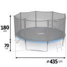 Kerti trambulin, Neo-Sport, fekete/kék, átmérő: 435 cm, kerek, magasság: 70 cm, 180 cm külső védőháló, létra, acél váz, 4 dupla láb, 150 kg teherbírás, 80 db rugó, fekete oszlopok