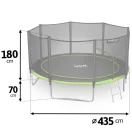 Kerti trambulin, Neo-Sport, fekete/zöld, átmérő: 435 cm, kerek, magasság: 70 cm, 180 cm külső védőháló, létra, acél váz, 4 dupla láb, 150 kg teherbírás, 80 db rugó
