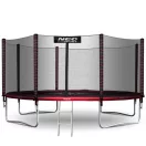 Kerti trambulin, Neo-Sport, fekete/piros, átmérő: 435 cm, kerek, magasság: 70 cm, 180 cm külső védőháló, létra, acél váz, 4 dupla láb, 150 kg teherbírás, 80 db rugó, fekete oszlopok
