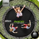 Kerti trambulin, Neo-Sport, fekete/zöld, átmérő: 465 cm, kerek, magasság: 80 cm, 180 cm belső védőháló, létra, acél váz, 4 dupla láb, 150 kg teherbírás, 90 db rugó, fekete oszlopok