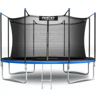   Kerti trambulin, Neo-Sport, fekete/kék, átmérő: 465 cm, kerek, magasság: 80 cm, 180 cm belső védőháló, létra, acél váz, 4 dupla láb, 150 kg teherbírás, 90 db rugó, fekete oszlopok