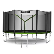   Kerti trambulin, Neo-Sport, fekete/zöld, átmérő: 465 cm, kerek, magasság: 90 cm, 180 cm külső védőháló, létra, acél váz, 5 dupla láb, 150 kg teherbírás, 90 db rugó
