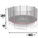 Kerti trambulin, Neo-Sport, fekete/piros, átmérő: 465 cm, kerek, magasság: 90 cm, 180 cm külső védőháló, létra, acél váz, 5 dupla láb, 150 kg teherbírás, 90 db rugó, fekete oszlopok