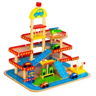   Játék parkolóház, ECOTOYS HM013290, fa, 3 szintes, 50 x 39,5 x 47 cm, mozgó felvonóval, 4 autóval és helikopterrel, autómosóval és benzinkúttal
