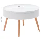 Dohányzóasztal, ModernHome FH-CT0210, fehér, átmérő: 60 cm, kör alakú, magasság: 40 cm, levehető tető, fenyőfa lábak