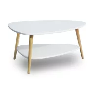   Dohányzóasztal, ModernHome FH-CT0211, fehér, 90 x 67 cm, háromszög alakú, magasság: 45 cm, 2 szintes, fenyőfa lábak, MDF asztallap, padlóvédő talpak