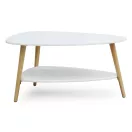 Dohányzóasztal, ModernHome FH-CT0211, fehér, 90 x 67 cm, háromszög alakú, magasság: 45 cm, 2 szintes, fenyőfa lábak, MDF asztallap, padlóvédő talpak