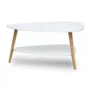 Dohányzóasztal, ModernHome FH-CT0211, fehér, 90 x 67 cm, háromszög alakú, magasság: 45 cm, 2 szintes, fenyőfa lábak, MDF asztallap, padlóvédő talpak