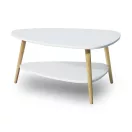 Dohányzóasztal, ModernHome FH-CT0211, fehér, 90 x 67 cm, háromszög alakú, magasság: 45 cm, 2 szintes, fenyőfa lábak, MDF asztallap, padlóvédő talpak