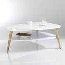 Dohányzóasztal, ModernHome FH-CT0211, fehér, 90 x 67 cm, háromszög alakú, magasság: 45 cm, 2 szintes, fenyőfa lábak, MDF asztallap, padlóvédő talpak