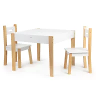   Gyerek asztal és szék szett, ECOTOYS OT143, 1 db asztal + 2 db szék, fenyőfa lábak, 4 rekeszes tárolóval, levehető kétoldalas asztallap