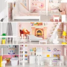 Fa babaház, ECOTOYS 4127, XXL kastély, 81,5 x 30 x 126 cm, 3 szint, 5 szoba, 15 db fa bútorral, erkéllyel