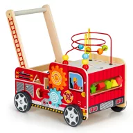   Járássegítő és oktató tábla, ECOTOYS TL09025, Tűzoltóautó, 46 x 28 x 41,5 cm, fa, többfunkciós, formaválogatóval és 6 db kockával, gyöngylabirintussal
