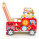 Járássegítő és oktató tábla, ECOTOYS TL09025, Tűzoltóautó, 46 x 28 x 41,5 cm, fa, többfunkciós, formaválogatóval és 6 db kockával, gyöngylabirintussal