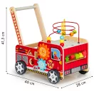 Járássegítő és oktató tábla, ECOTOYS TL09025, Tűzoltóautó, 46 x 28 x 41,5 cm, fa, többfunkciós, formaválogatóval és 6 db kockával, gyöngylabirintussal