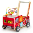 Járássegítő és oktató tábla, ECOTOYS TL09025, Tűzoltóautó, 46 x 28 x 41,5 cm, fa, többfunkciós, formaválogatóval és 6 db kockával, gyöngylabirintussal