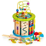   Fejlesztő kocka, ECOTOYS HM179520, 21,5 x 21,5 x 17,5 cm, golyólabirintussal, órával, formabedobóval, fogaskerekekkel, mágneses horgászjátékkal