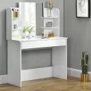 Fésülködőasztal, ModernHome PWSHT-20, 108 x 40 x 142 cm, fehér, nagy tükörrel, oldalsó polcokkal, rekeszes fiókkal