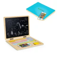   Oktató laptop, ECOTOYS G068, Fa, 30 x 22 cm, mágneses, 2 az 1-ben kréta és fehér tábla, 78 db mágneses betű és számok, kréta és szivacs, játék telefon