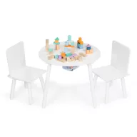   Gyerek asztal és szék szett, ECOTOYS WH135, fehér, 1 db asztal + 2 db szék, fenyőfa lábak, játéktároló háló, kerek asztal