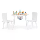 Gyerek asztal és szék szett, ECOTOYS WH135, fehér, 1 db asztal + 2 db szék, fenyőfa lábak, játéktároló háló, kerek asztal