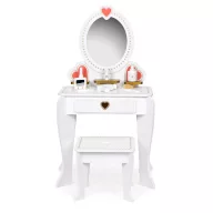   Játék fésülködő asztal, ECOTOYS W08H102B, 50 x 92,5 x 33 cm, fa és MDF, szívecskés tükörrel, fiókkal, székkel, kiegészítőkkel