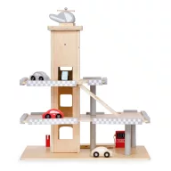   Játék parkolóház, ECOTOYS W04B047B, fa, 3 szintes, 43 x 29,5 x 44 cm, mozgó felvonóval, 4 autóval és helikopterrel