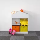 Gyerek könyvespolc, ECOTOYS ZKB-03A, fehér, 65,2 x 90,5 x 27 cm, házikó formájú, 2 db kihúzható textil tárolóval, laminált forgácslap