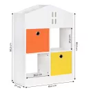 Gyerek könyvespolc, ECOTOYS ZKB-03A, fehér, 65,2 x 90,5 x 27 cm, házikó formájú, 2 db kihúzható textil tárolóval, laminált forgácslap