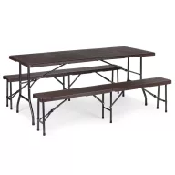   Sörpad szett, MultiGarden SZK-180B + 2 db SBK-18, barna, 180 cm, összecsukható, acél keret, HDPE műanyag felület, 3 db, asztal és 2 pad, 8 személyes