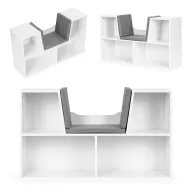   Gyerek könyvespolc, ECOTOYS ZKB-5W, fehér, 102 x 61 x 30 cm, ülőkével, 4 rekeszes, párnázott ülőrész, levehető és mosható párna, forgácslap