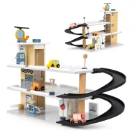   Játék parkolóház, ECOTOYS 1088, fa, 3 szintes,  37 x 63 x 21 cm, mozgó felvonóval, 3 autóval és helikopterrel, autómosóval és táblákkal