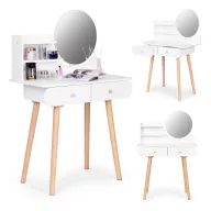   Sminkasztal, ModernHome CHDT05, fehér, 80 x 40 x 122 cm, kerek tükör 40 x 40 cm, 2 fiók, polcok, fa és laminált forgácslap