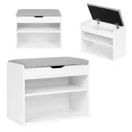   Cipőtároló pad, ModernHome CHXG01, 60 x 47 x 30 cm, fehér/szürke, 2 polc, nyitható ülés, műbőr ülőke