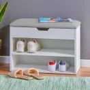 Cipőtároló pad, ModernHome CHXG01, 60 x 47 x 30 cm, fehér/szürke, 2 polc, nyitható ülés, műbőr ülőke