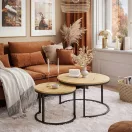 Dohányzóasztal szett, ModernHome PJJCT0111, átmérő 60 és 40 cm, kör alakú, magasság: 52 és 44 cm, fém váz, bevonatos faforgács asztallap, 2 darabos