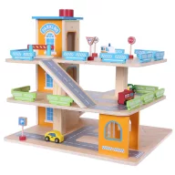   Játék garázs, ECOTOYS 1085, 43 x 36 x 40 cm, fa, mozgatható lifttel, 3 szintes, 4 színes autóval és közlekedési táblákkal, 3 éves kortól