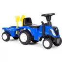 Bébitaxi, Multistore 658T, New Holland traktor, kék, 88 x 27 x 43 cm, kormánydudával és indításhanggal, utánfutóval, borulásgátlóval, 12 hónapos kortól, teherbírás: 25 kg, elemes (2 x AA - nem tartozék)