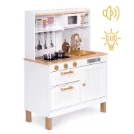   Játékkonyha, ECOTOYS, fa, 70 x 30 x 93,5 cm, fényhatásokkal, hanghatásokkal, 7 db tartozékkal, elemes (2 x AA, nem tartozék)