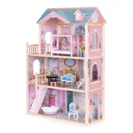   Fa babaház, ECOTOYS 8106, kastély, 84 x 38 x 123,5 cm, 3 szint, 4 szoba, 11 db bútorral, erkélyes