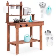   Kültéri játékkonyha, ECOTOYS TL814005, fa, 59,5 x 29,5 x 84,5 cm, működő csappal, forgó gombokkal, 7 db fém tartozékkal, 3 éves kortól